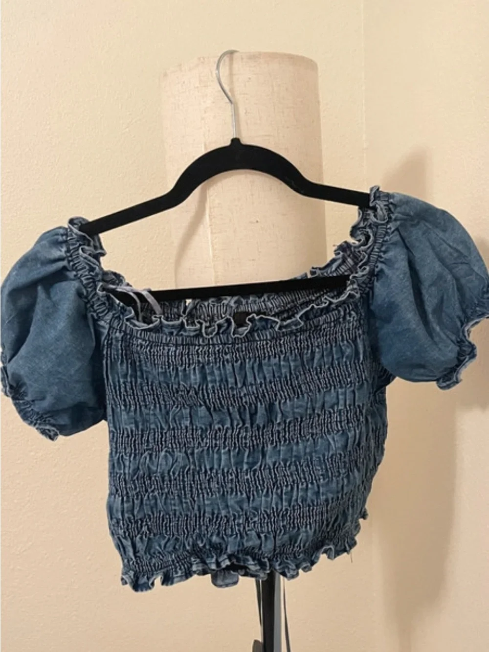 Blue Puff Sleeve Smocked Crop Top